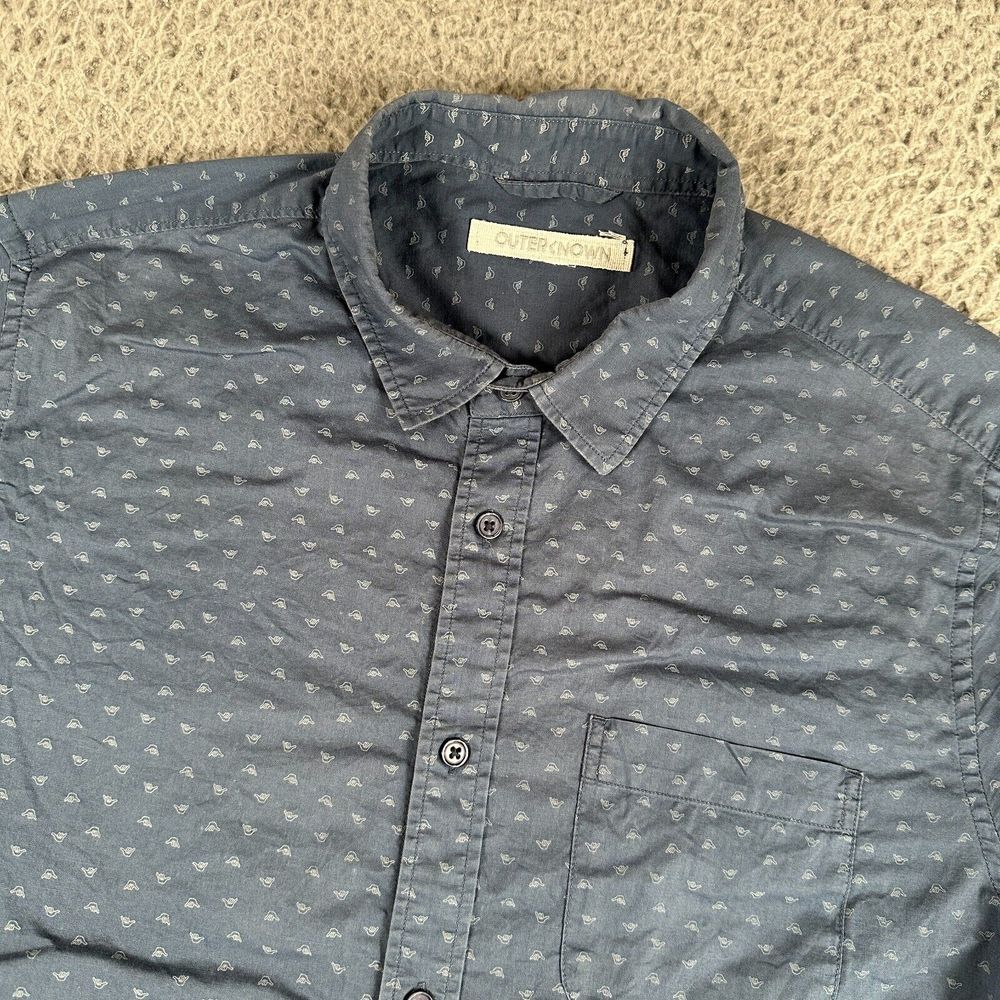 Outerknown Shirt Mens Medium Blue Button Down Hang Loose Sign All Over Flaw